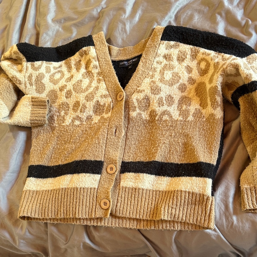Central Park West Cozy Knit Cardigan in Tan and Black